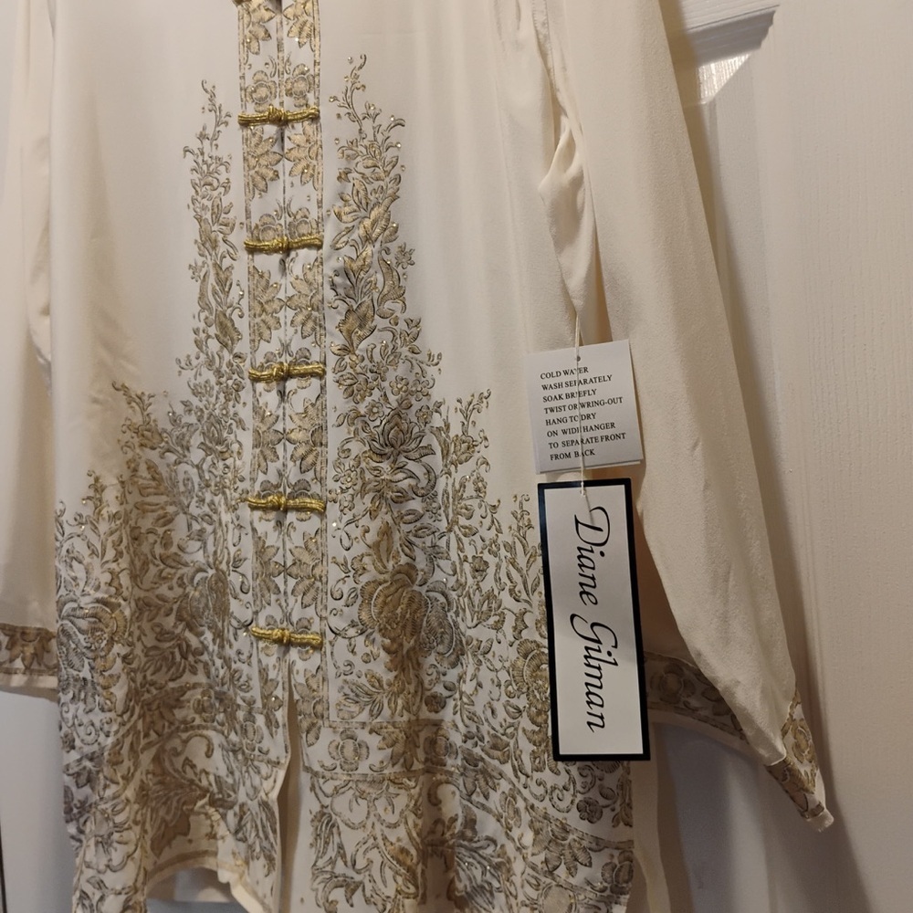 NWT Diane Gilman 100% Silk Oriental Tunic Blouse Gold Metallic Details Size 1X - Picture 8 of 8